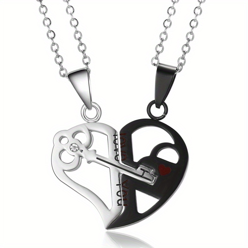 Chain Lock Combination - 彼と彼女のお揃いのカップルネックレス、スプリットハートロック＆キーペンダントセット、シルバーブラックツートーンステンレススチールチェーンジュエリー、刻印入りラブレターデザイン、恋人へのロマンチックなバレンタイン記念日、約束のギフト